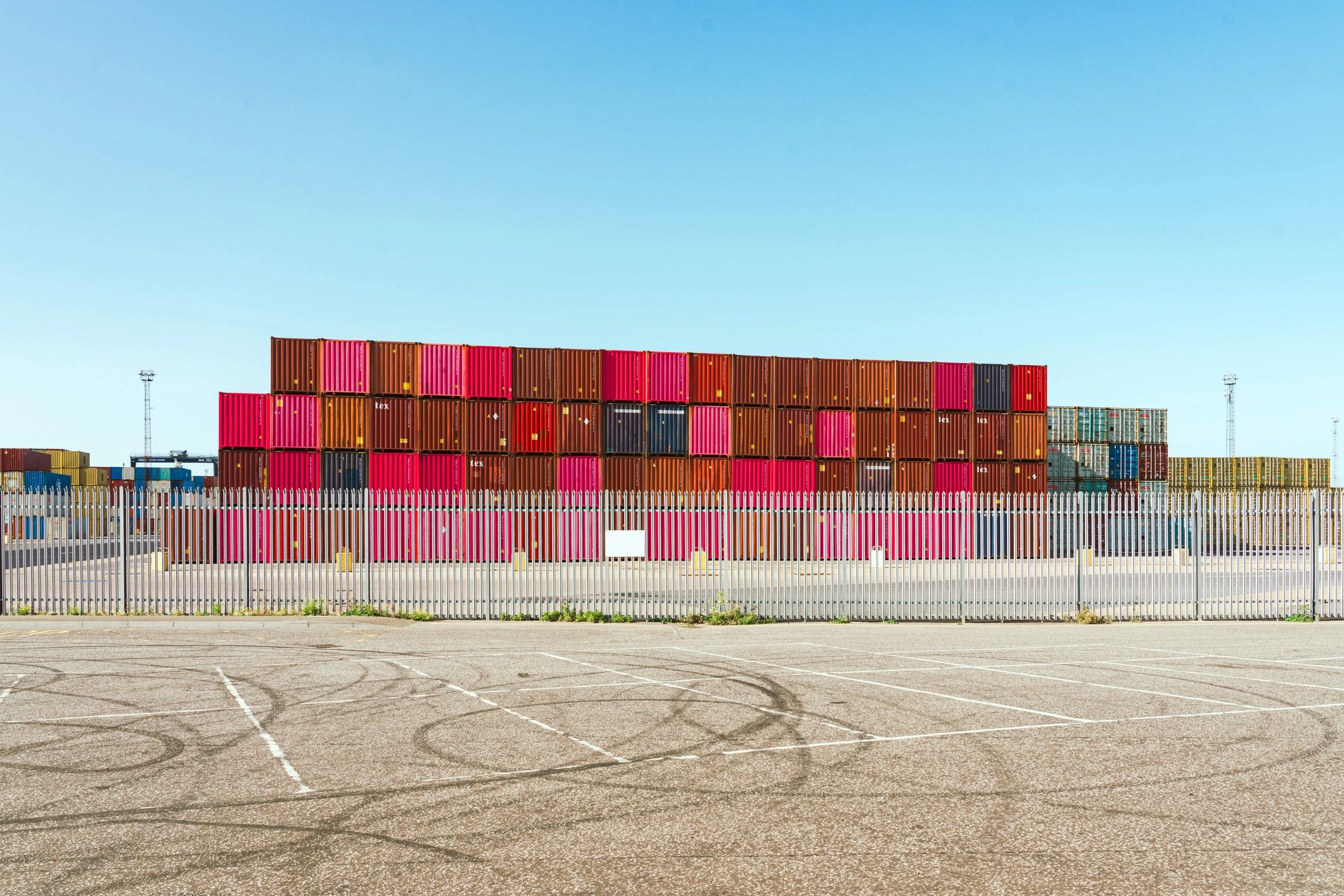 Stacked shipping containers at Felixstowe port facility